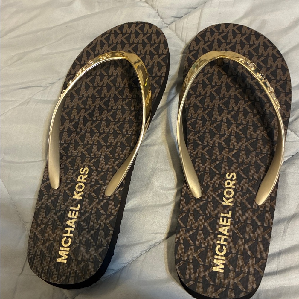 Michael Kors Logo Flip Flops in Brown and Gold